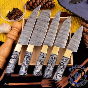 Damascus Steel Chef Knife Damascus Kitchen Knives set Chef set handmade Best chef set with leather sheath| Gift for Him , Christmas Gift