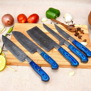 Handmade Damascus Steel Chef Knife Set Of 5 pcs With Leather Cover, Kitchen Knife Set, Personalized Gift, Gift For Her,Valentine gift