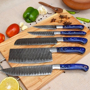 Handmade Damascus Chef set Of 5pcs With Leather, Damascus Knife Set, Damascus Chef Knife,Full Kitchen Knife Set, Chef Set, Personalized gift
