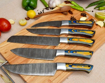 Juego completo de cuchillos de cocina de 5 piezas con patrón de Damasco - Juego de cuchillos de chef japoneses con mangos de madera lisos - Ultra afilados para un corte rápido