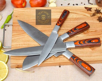 Complete 4Piece Kitchen Knife Set with Damascus Pattern - Japanese Chef Knife Set with Smooth Wooden Handles - Ultra Sharp for Fast Cutting