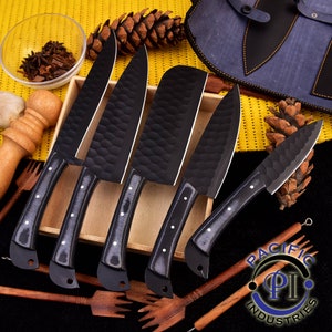 Handmade Damascus Chef Knife set of 5 Pieces with beautiful leather roll , Japanese knife set , Kitchen knife set , Gift for Him, USA knives