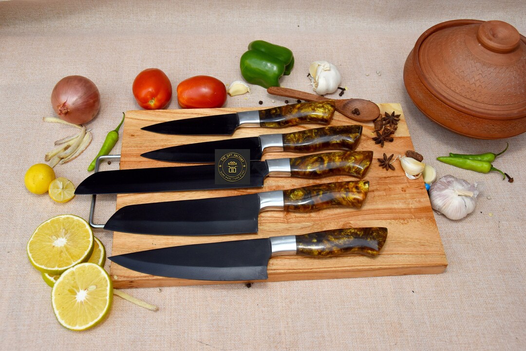 Handmade Damascus Chef Set of 5pcs With Leather Cover,kitchen Knives