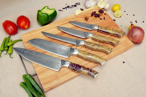 Handmade Damascus Chef Set of 5pcs With Leatherdamascus Knife 