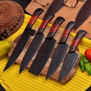 Handmade Damascus Chef set Of 5pcs With Leather,Damascus Knife Set,Damascus Chef Knife,Full Kitchen Knife Set, Chef Set,USA knives