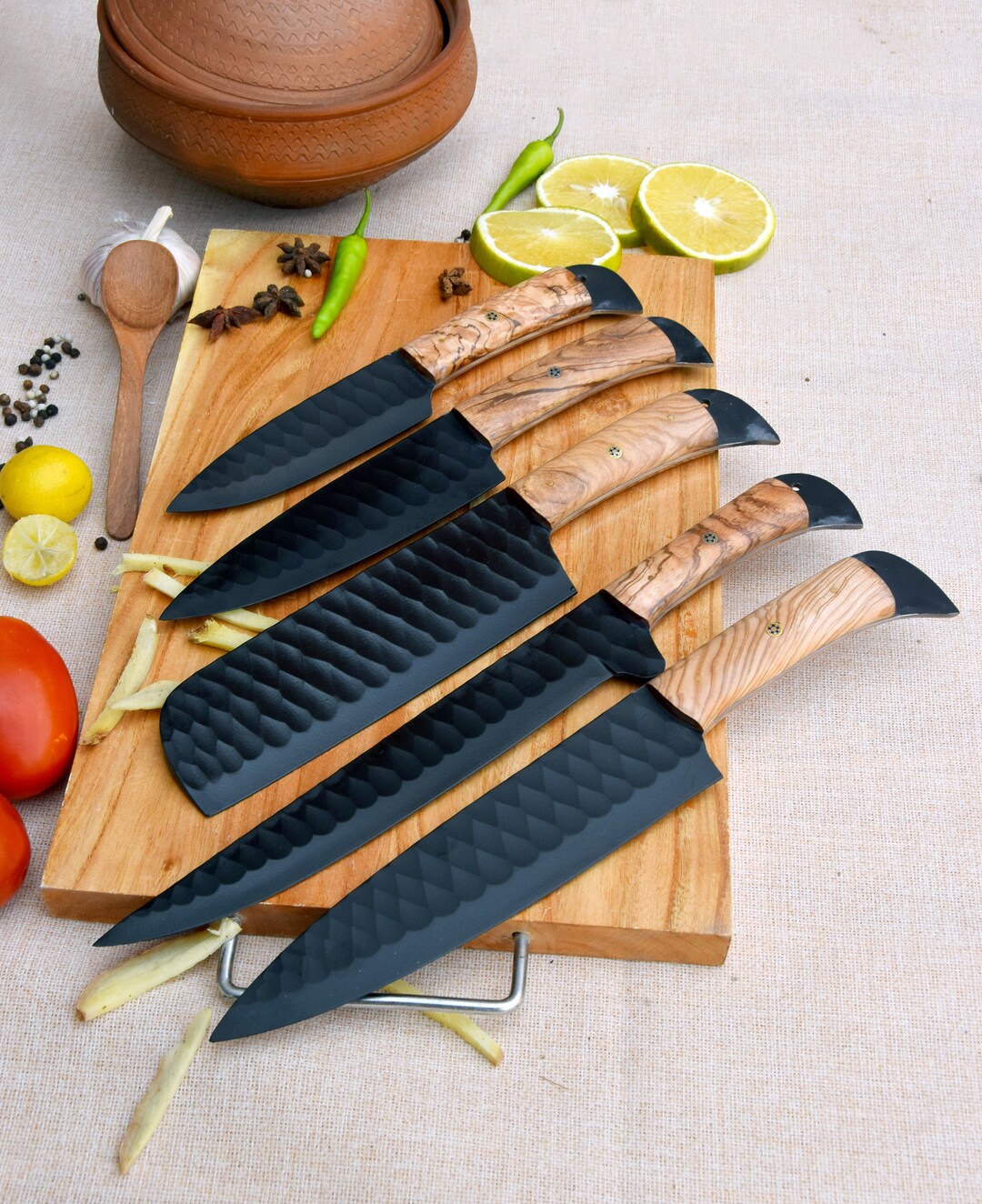 Hand Forged Chef Knife Set , Steel Kitchen Knives, Cleaver Anniversary ...