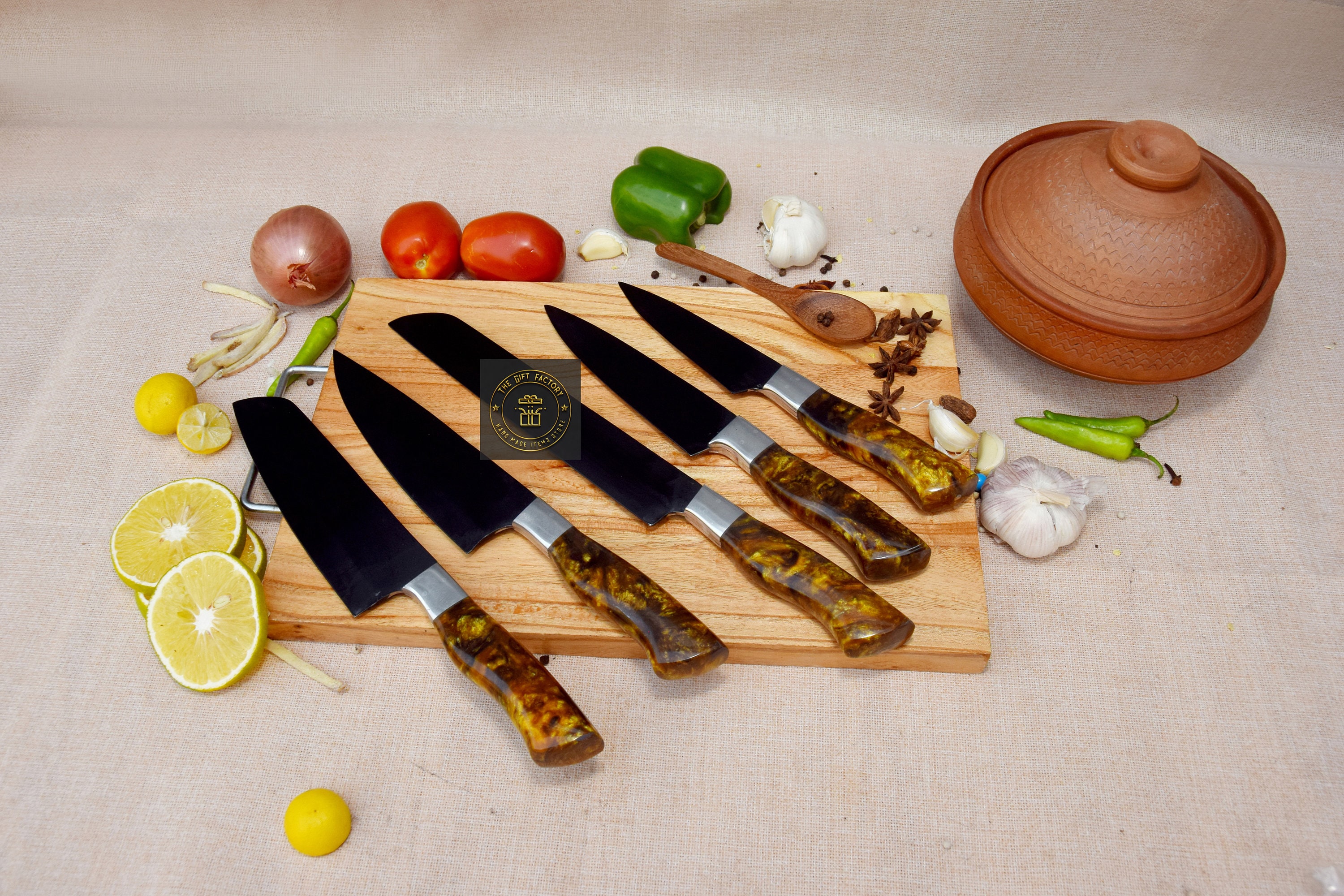 Handmade Damascus Chef Set of 5pcs With Leather Cover,kitchen Knives
