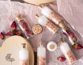 Bath Salts Gift Box | 9 Mini Glass tubes Tubes with Cork lid | Ross Scented | Dried Rose buds and Rose Essential Oils | mothers day gift box