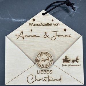 Personalisierter Wunschzettel,  Briefumschlag für Wunschzettel an das Christkind & den Weihnachtsmann aus Holz