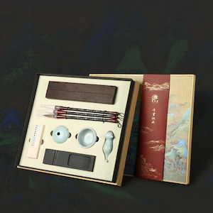 Set regalo Quattro tesori dello studio, pennello cinese, inchiostro, carta di riso, pietra per inchiostro, poggiapenne, righello, strumenti per calligrafia, set regalo in scatola di legno