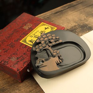 Chinese Inkstone, Vintage Landscape Inkstone, Chinese Calligraphy and Painting Inkstone, Natural Stone Ink Box Inkstone, Inkstone Gift