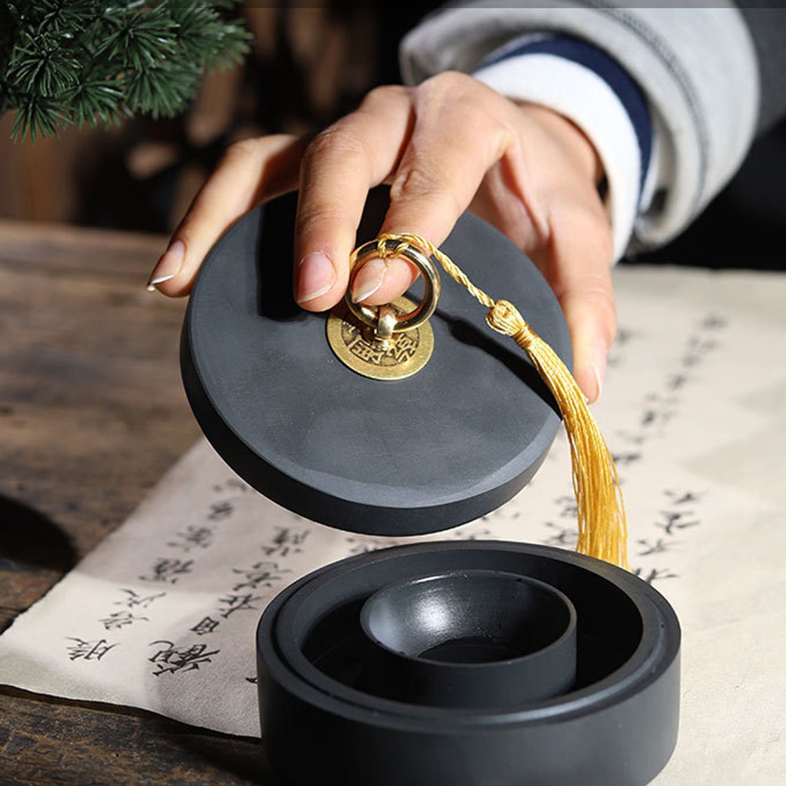 Chinese Inkstone, Hand Carved Inkstone, Calligraphy Inkstone, Round ...