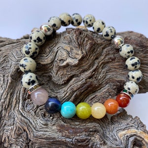 Chakra 7 stone healing Natural Stone dalmation beaded 8mm Bracelet, Gemstone Bracelet