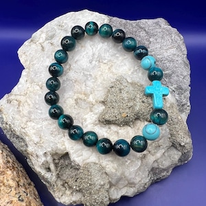 Religious Lake Blue Tiger Eye Blue Turquoise Cross Beaded Bracelet, Gemstone Bracelet, Natural Stones