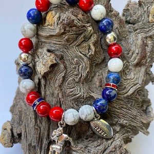 Sports Football Player and Football Charms Beaded Bracelet, Natural Stone, Red White & Blue Gemstone Bracelet
