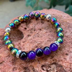 Rainbow hematite and silver hematite 8mm bead  bracelet