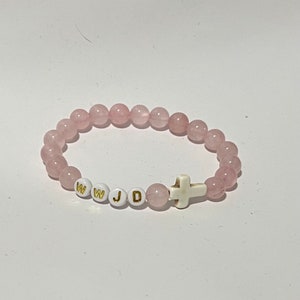 Religious Rose Quartz beads WWJD cross bead bracelet, Gemstone Bracelet, Natural Stone.