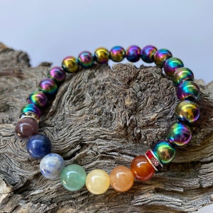 Chakra 7 stone healing Natural Stone Rainbow Hematite bead bracelet, Gemstone Bracelet