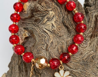 Girl’s Red Crystal Beaded Bracelet with Daisy Charm