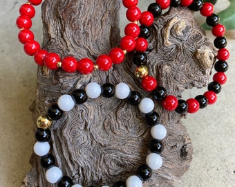 Women’s 3 piece black red and white bead bracelet set