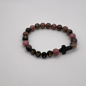 Religious Rhodonite beads WWJD cross bead bracelet, Gemstone Bracelet, Natural Stone.