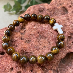 Religious Natural Stone Tigers Eye Cross Beaded Bracelet, Gemstone Bracelet. Eye of the Tiger.
