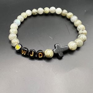Religious Natural Stone Labradorite beads WWJD cross bead bracelet, Gemstone Bracelet
