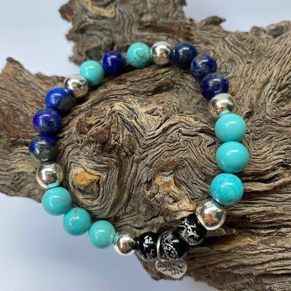 Feng shui Wealth bracelet with Natural Stone lapis lazuli , turquoise , made with love charm. 8mm bead bracelet