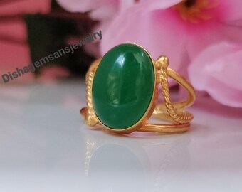 Anillo de ónix verde: plata esterlina bañada en oro de 14 k, piedra preciosa hecha a mano