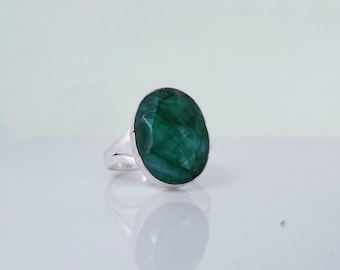 Raw Emerald Sterling Silver Ring: Handmade Oval Green Gemstone