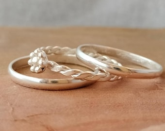 Sterling Silver Stacking Rings Set: Twisted & Plain Bands