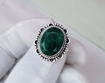 Oval Emerald Ring: Raw Green Stone, Sterling Silver Engagement Ring