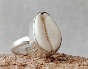 Cowrie Shell Ring: 925 Sterling Silver, Natural Gemstone