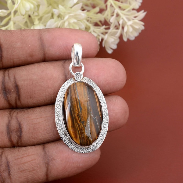 Tiger Eye Pendant Unique designer Pendant 925 Sterling Silver Pendant Necklace Big Size Tiger Eye Pendant Handmade Gemstone Jewelry Gift