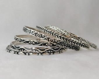 Handmade Sterling Silver Bangle Set, Boho Floral Design