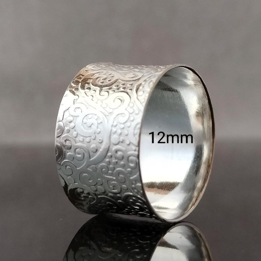 Sterling Silver Wide Band Ring, 12mm Floral Thumb Ring - Etsy