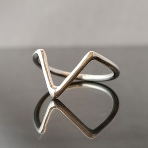 Może przedstawiać: Srebrny pierścionek z wzorem w kształcie litery V. Pierścionek jest prosty i nowoczesny.