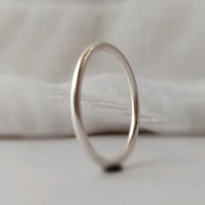May include: A simple silver band ring, shown against a white fabric background.