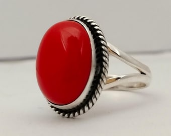Red Coral Ring: Vintage Sterling Silver Natural Gemstone Jewelry