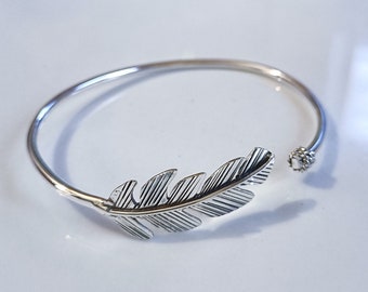 【STING925】 Feather Bangle Leaf Bangle, 925 Sterling Silver Bangle, Silver Leaf Bangle