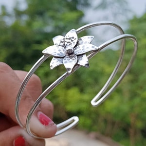 Sterling Silver Flower Bangle: Handmade Adjustable Floral Bracelet