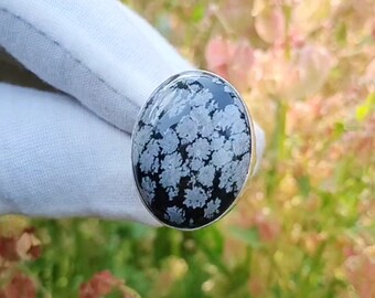 Sterling Silver Snowflake Obsidian Ring: Boho Gemstone Ring