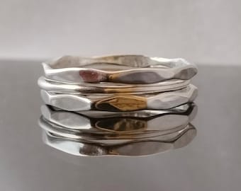 Sterling Silver Stacking Rings Set: Hammered & Smooth Dainty Bands