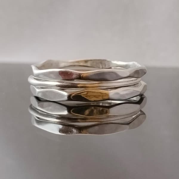 Sterling Silver Stacking Rings Set: Dainty Hammered & Smooth Bands