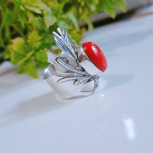 Natural Coral Sterling Silver Ring - Red Gemstone Statement Ring