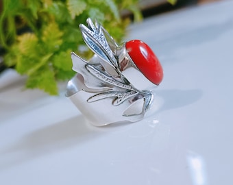Natural Coral Sterling Silver Ring - Red Gemstone Statement Ring