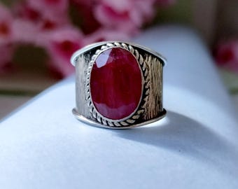 Handmade Raw Ruby Sterling Silver Ring: Bohemian Statement Jewelry