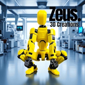 May include: A yellow and black articulated 3D-printed figure in a squatting pose. The figure has a smooth, matte finish and is labeled with the text "Zeus. 3D Creations". The background is a bright, modern laboratory setting.