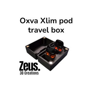 May include: Black Oxva Xlim pod travel box with two pods. The box has a rectangular shape with a hinged lid and a compartment for the pods. The text "Oxva Xlim pod travel box" is displayed above the box. The logo "Zeus. 3D Creations" is displayed below the box.