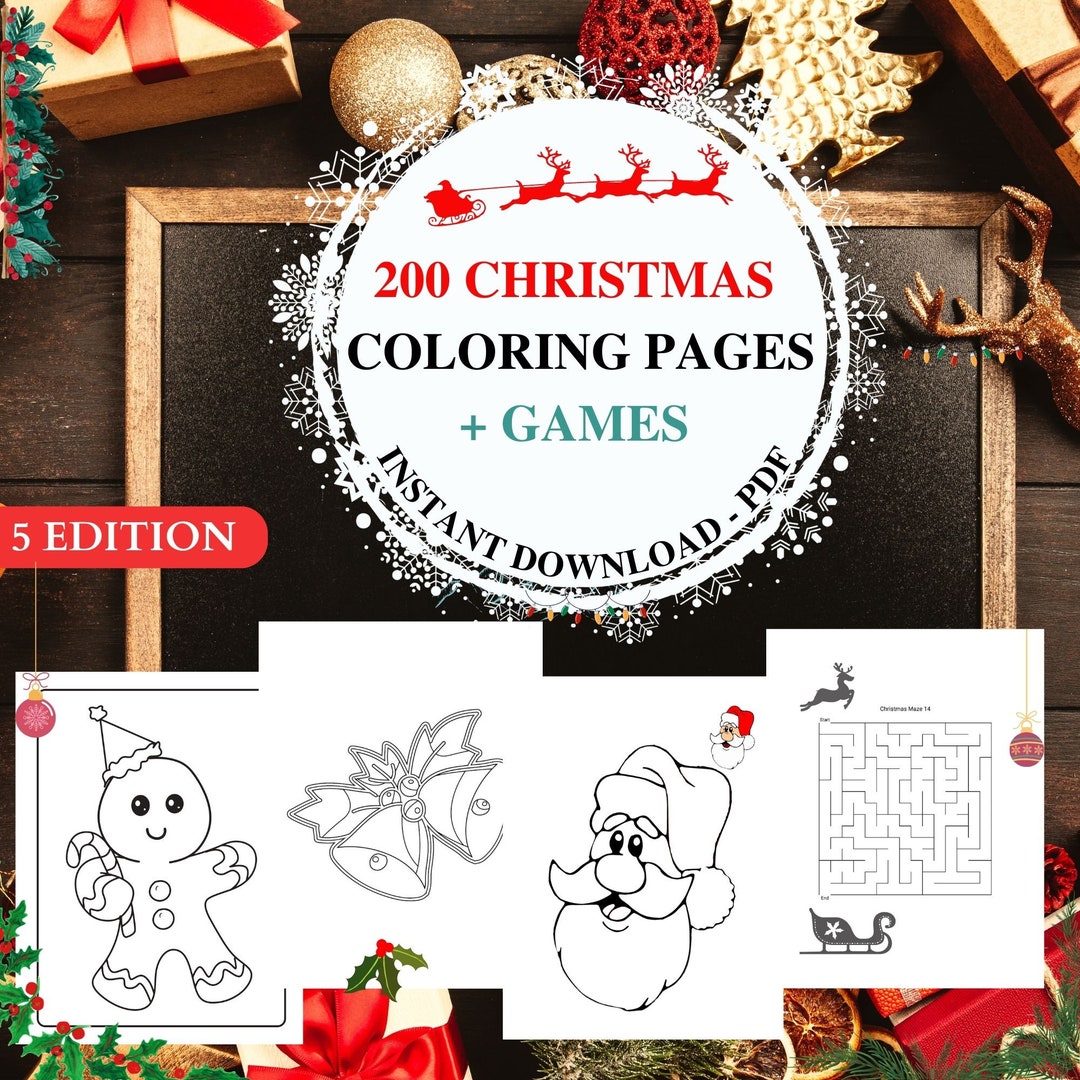 200 Christmas Coloring Pages, Plus FREE Games Pages Pdf Bonus Instant ...